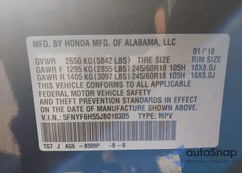 2018 Honda Pilot Ex-L из США, поврежденный, VIN 5FNYF6H55JB010305